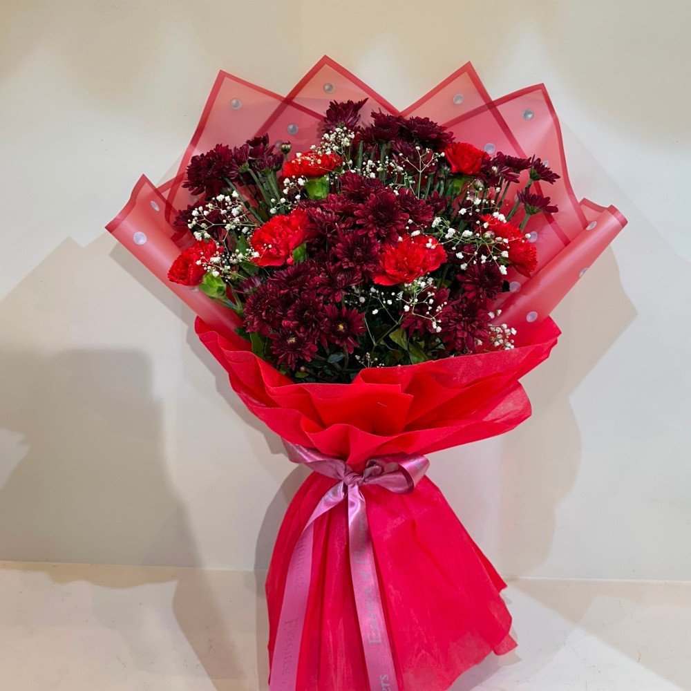 Red Carnation & Maroon Daisy Bouquet