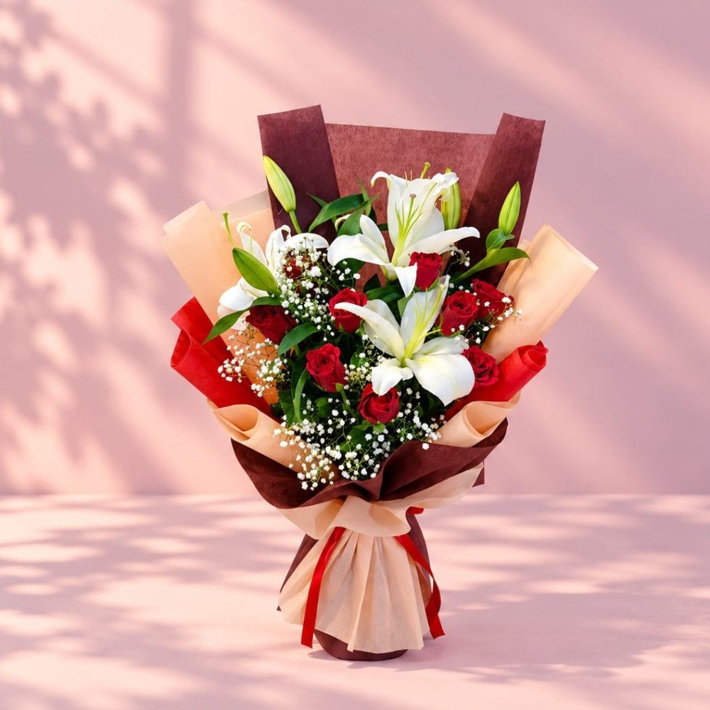 Classic Red Rose & White Lily Bouquet 💐