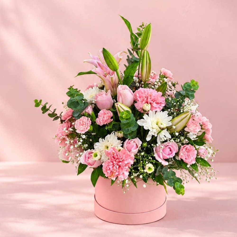 Pink Lily & Rose Hatbox Arrangement