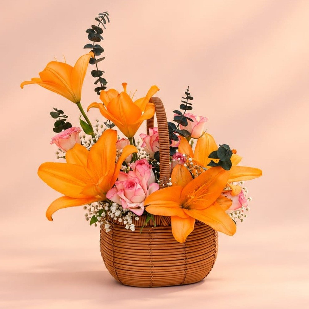 Orange Lily & Pink Rose Basket Arrangement