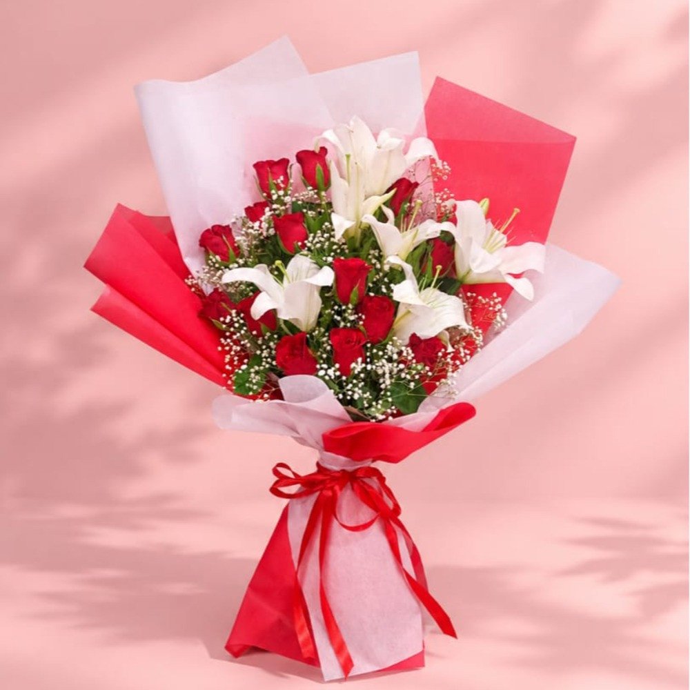 Red Roses & White Lily Luxury Bouquet