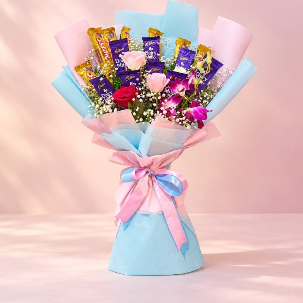 🍫 Pink & Blue Chocolate Flower Bouquet